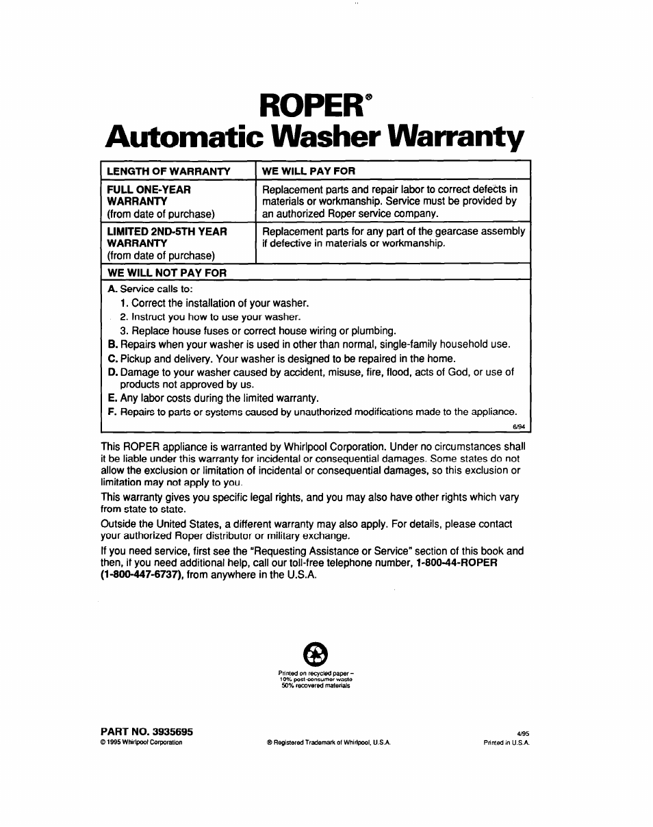 Roper, Automatic washer warranty, Part no. 3935695 | Roper* automatic washer warranty | Whirlpool LCR5232DQ0 User Manual | Page 24 / 24