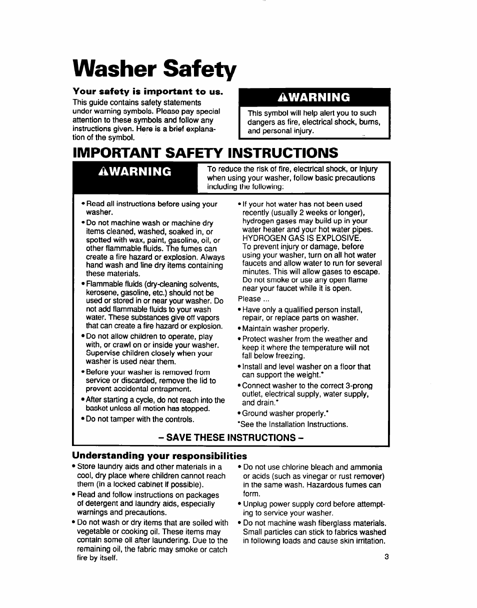 Washer safety, Your safety is important to us, Important safety instructions | Save these instructions, Understanding your responsibilities, Âwarning | Whirlpool LCR5232DQ0 User Manual | Page 3 / 24