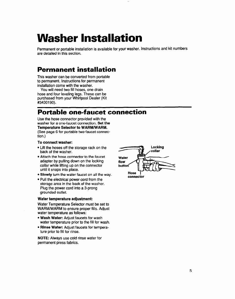 Washer installation, Permanent installation, Portable one-faucet connection | To connect washer | Whirlpool LCR5232DQ0 User Manual | Page 5 / 24