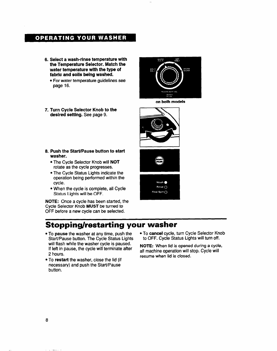 Push the start/pause button to start, Stopping/restaiting your washer | Whirlpool LCR5232DQ0 User Manual | Page 8 / 24