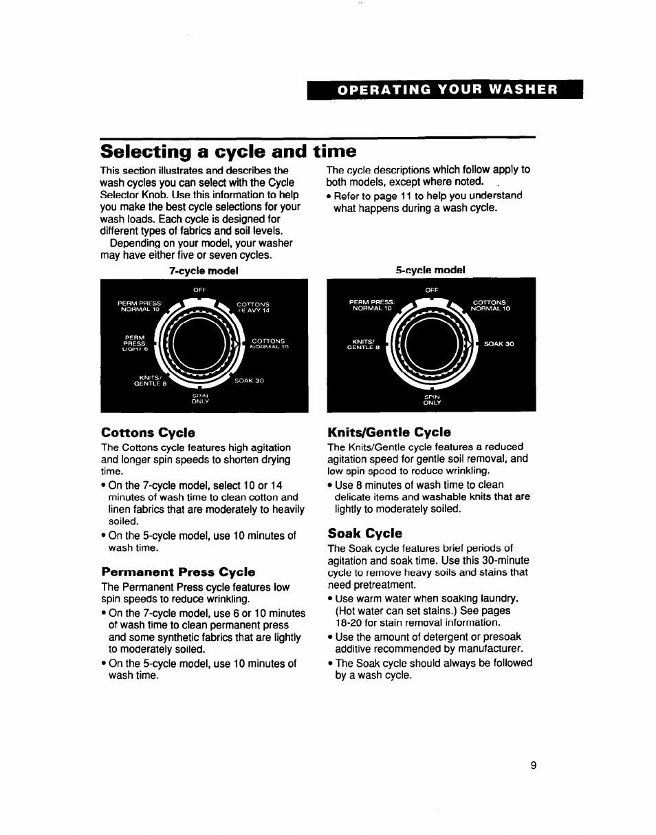 Selecting a cycle and time, Cycle model, Cottons cycle | Permanent press cycle, Knits/gentle cycle, Soak cycle | Whirlpool LCR5232DQ0 User Manual | Page 9 / 24