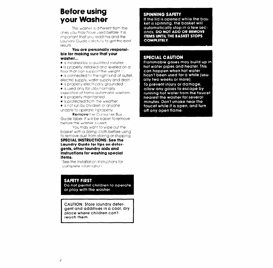 Before using your washer | Whirlpool LA3000XK User Manual | Page 2 / 12