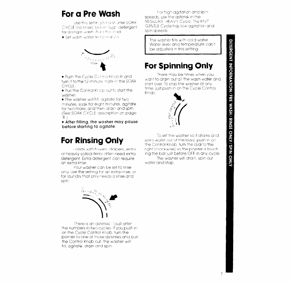 For a pre wash, For spinning oniy, For rinsing only | For spinning only | Whirlpool LA3000XK User Manual | Page 7 / 12