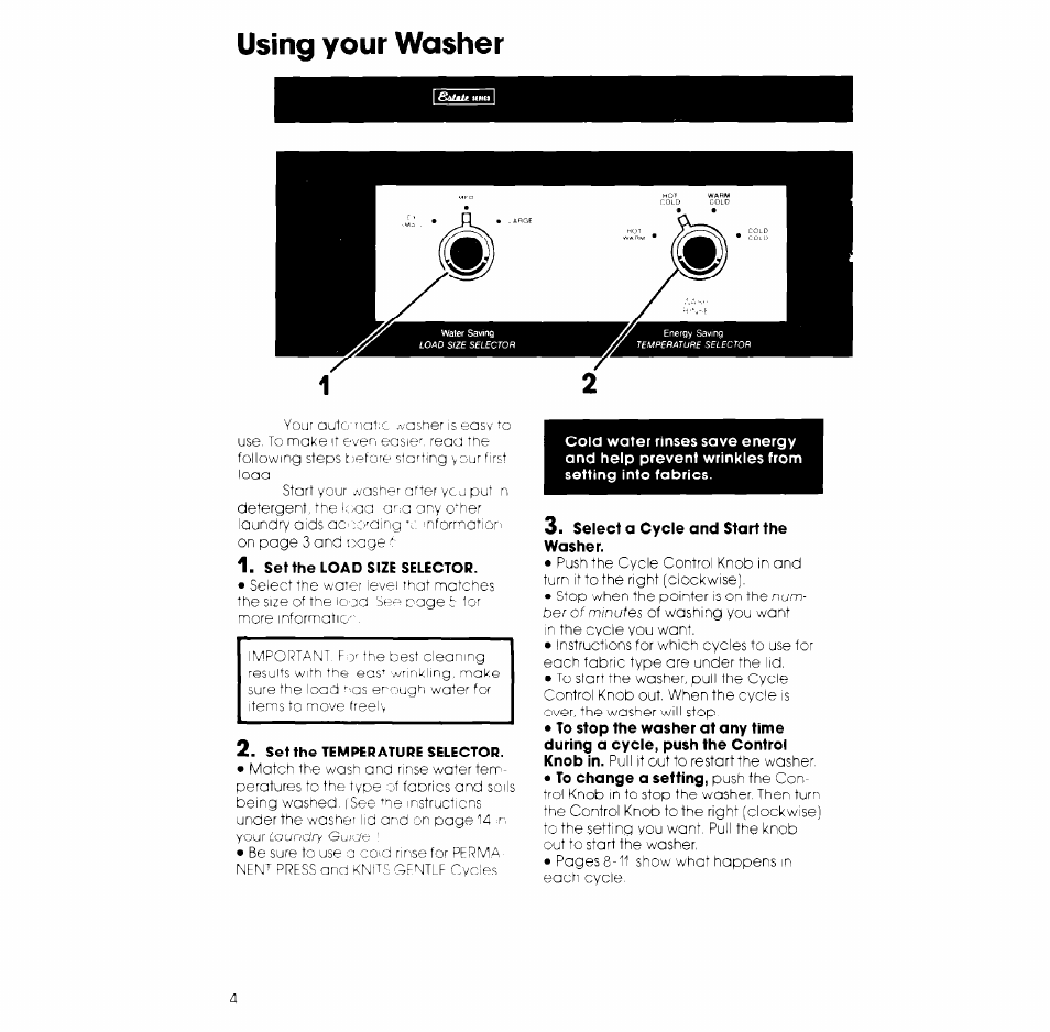 Set the load size selector, Set the temperature selector, Select a cycle and start the washer | Using your washer | Whirlpool LA6400XK User Manual | Page 4 / 12