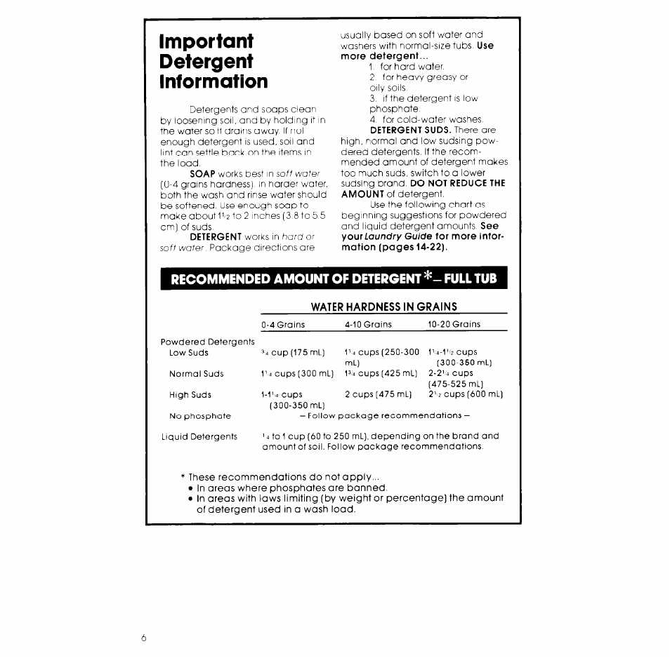 Water hardness in grains, Important detergent information, Recommended amount of detergent full tub | Whirlpool LA6400XK User Manual | Page 6 / 12