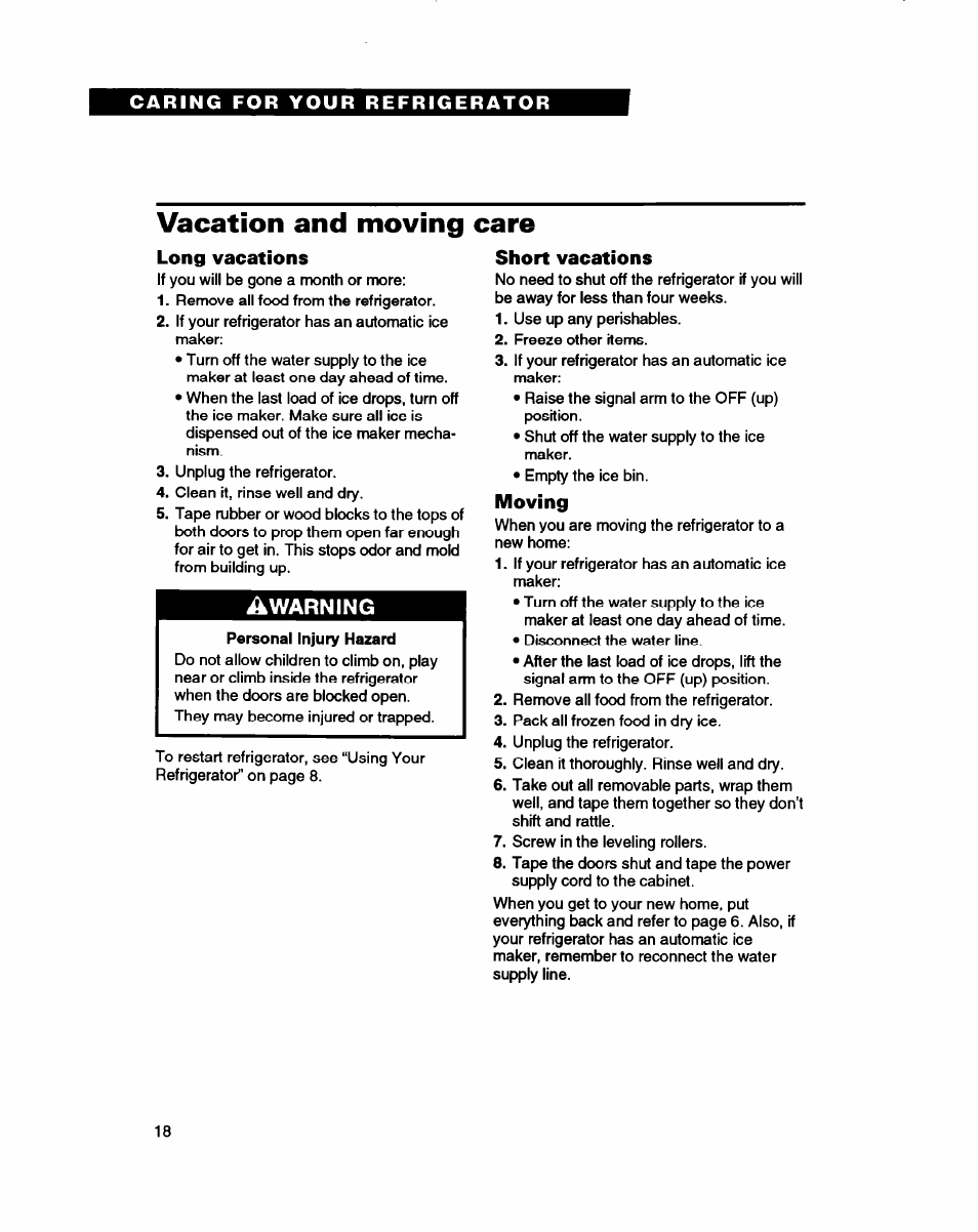 Vacation and moving care, Short vacations, Moving | Long vacations, Warning | Whirlpool RT16VK User Manual | Page 18 / 24