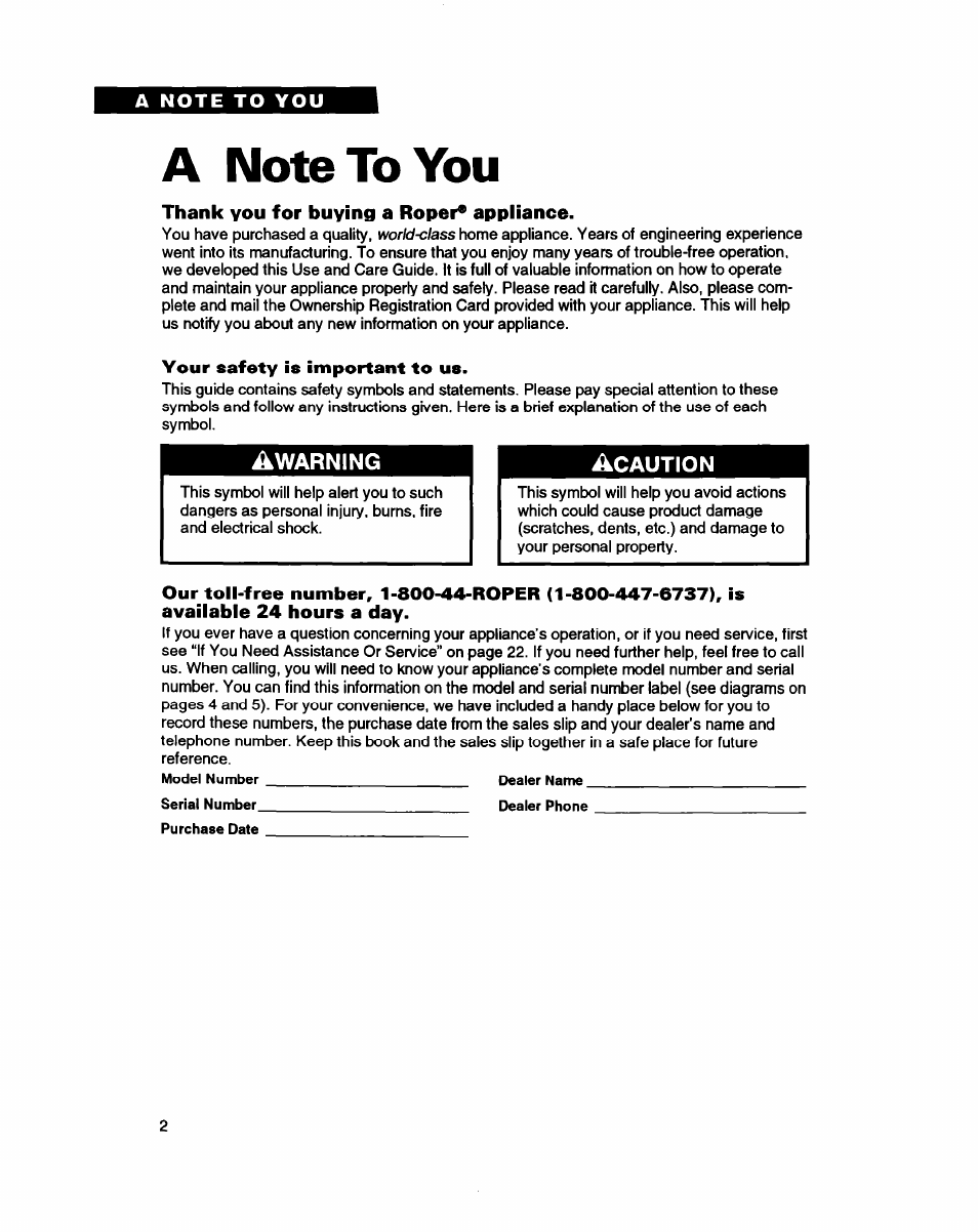 A note to you, Thank you for buying a roper* appliance, Your safety is important to us | Whirlpool RT16VK User Manual | Page 2 / 24