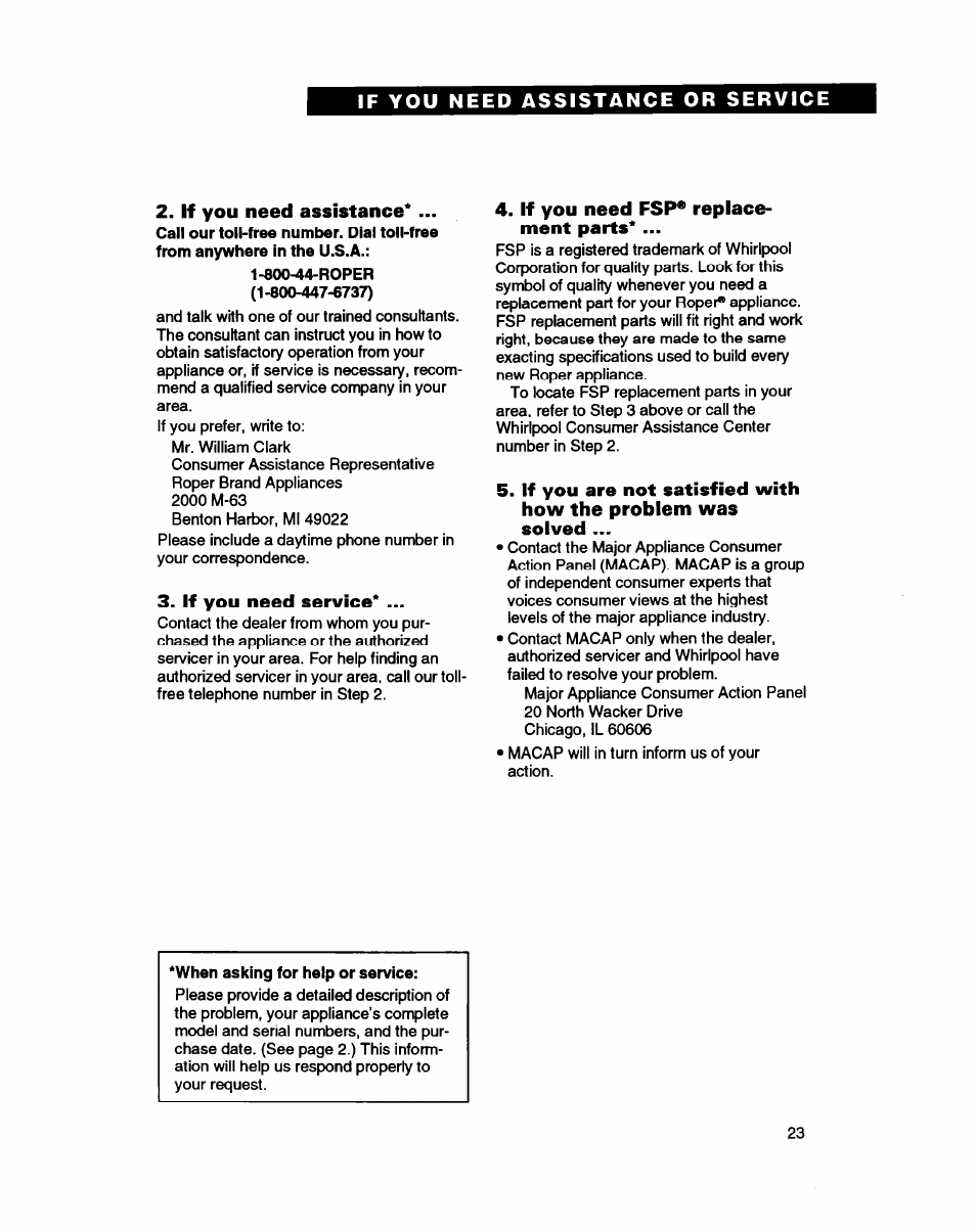 If you need assistance, If you need service, If you need fsp* replacement parts | If you need fsp* replace­ ment parts | Whirlpool RT16VK User Manual | Page 23 / 24