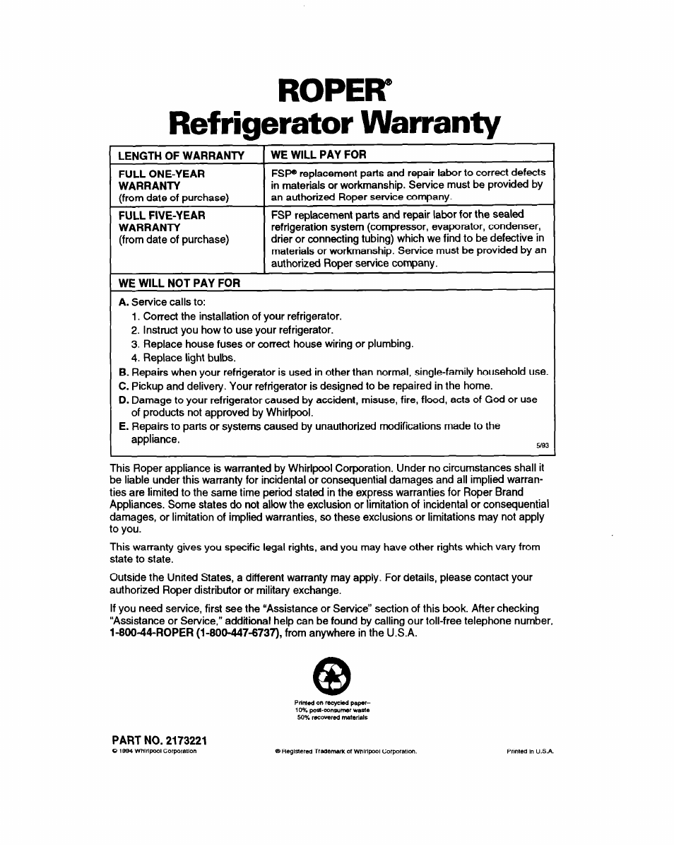 Ropeir, Refrigerator warranty, Ropeir refrigerator warranty | Whirlpool RT16VK User Manual | Page 24 / 24