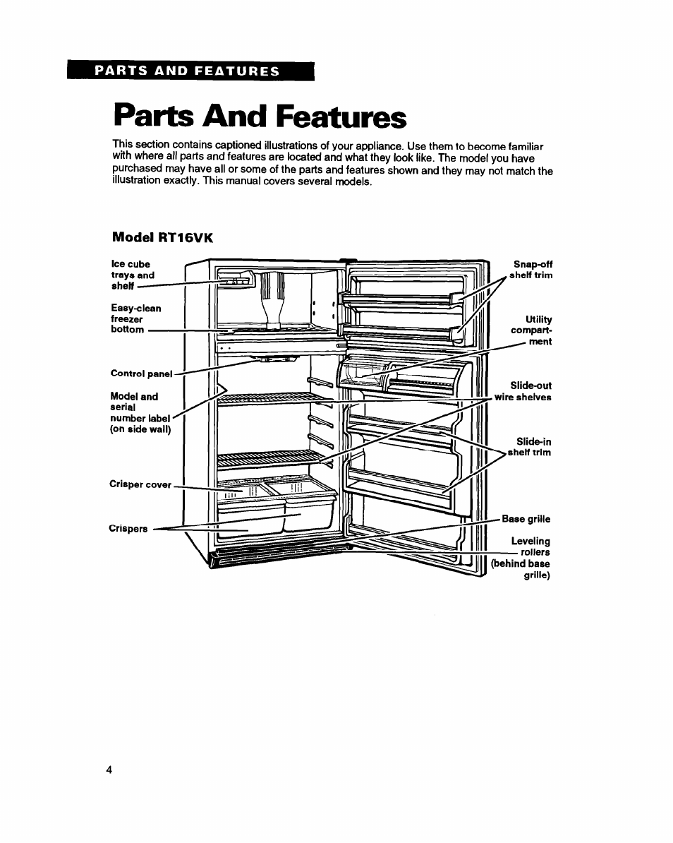 Parts and features, Model rt16vk | Whirlpool RT16VK User Manual | Page 4 / 24