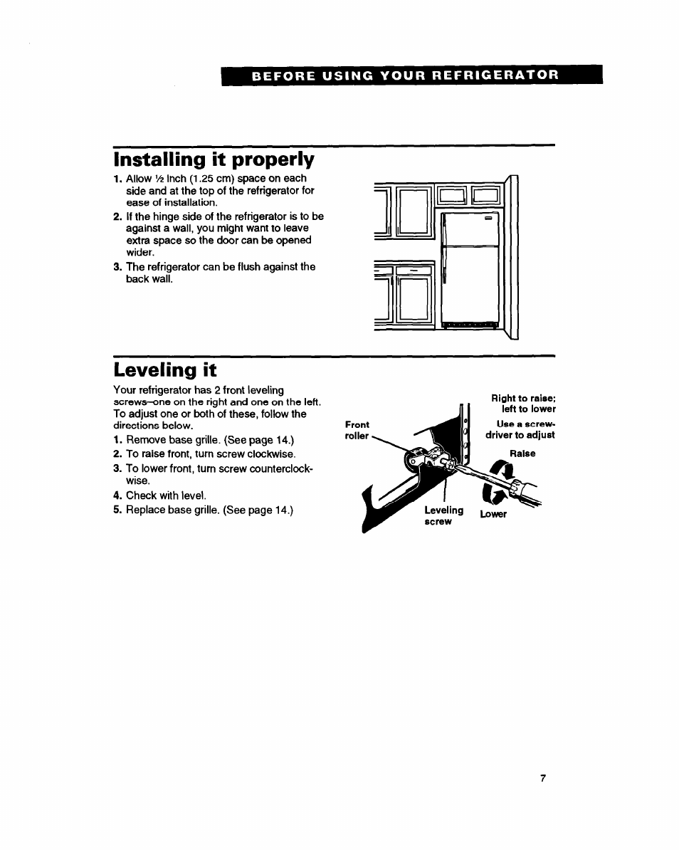 Installing it properly, Leveling it | Whirlpool RT16VK User Manual | Page 7 / 24