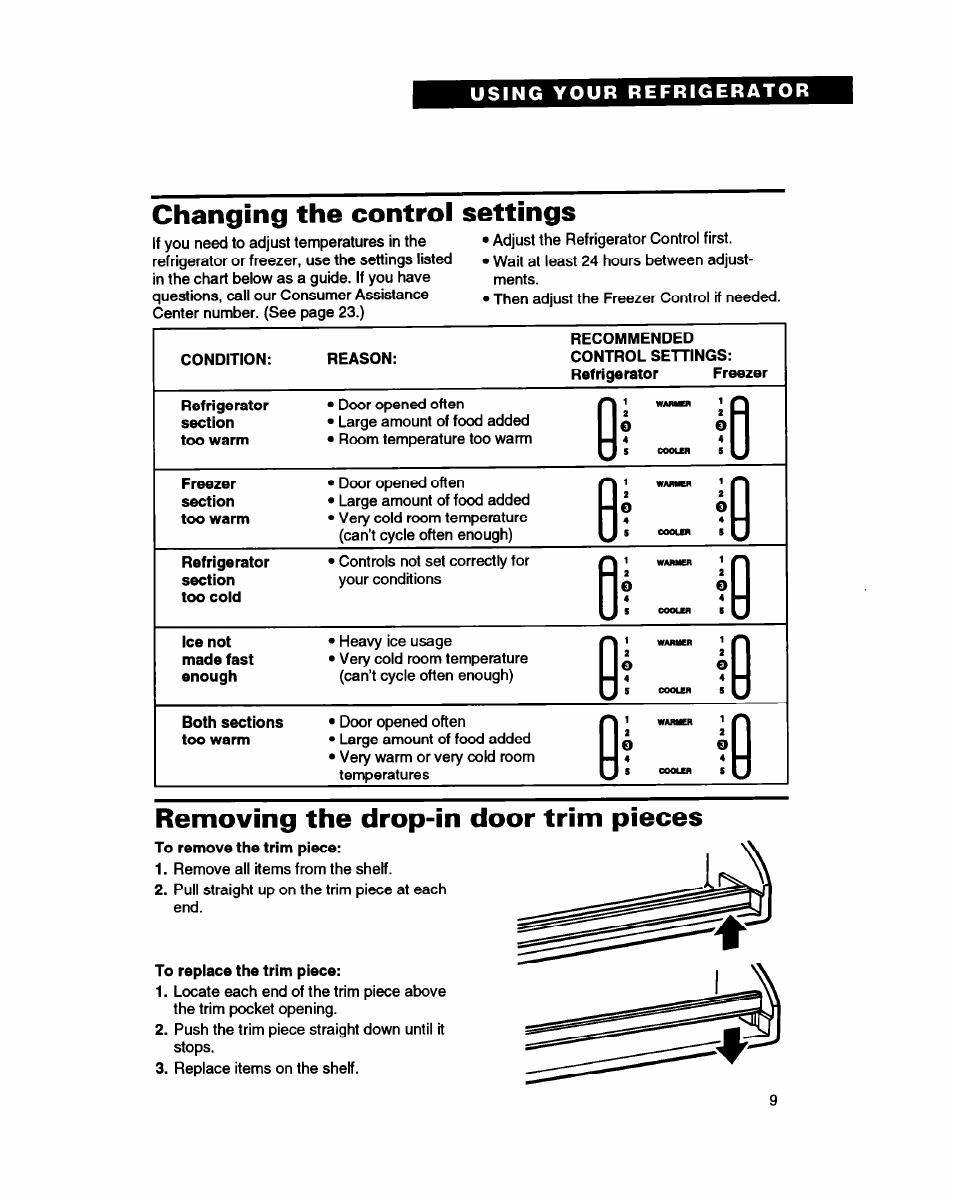 Removing the drop-in door trim pieces, Pi ip, Changing the control settings | Whirlpool RT16VK User Manual | Page 9 / 24