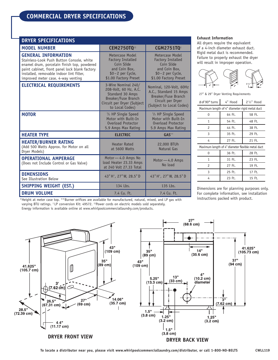 Commercial dryer specifications, Dryer specifications, Dryer front view dryer back view | Model number cem2750tq, Cgm2751tq, General information, Electrical requirements, Motor, Heater type, Heater/burner rating | Whirlpool CEM2750TQ User Manual | Page 2 / 2