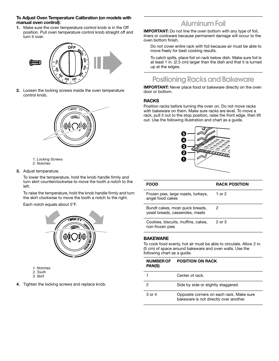 Aluminum foil, Positioning racks and bakeware | Whirlpool FEP320K User Manual | Page 10 / 16
