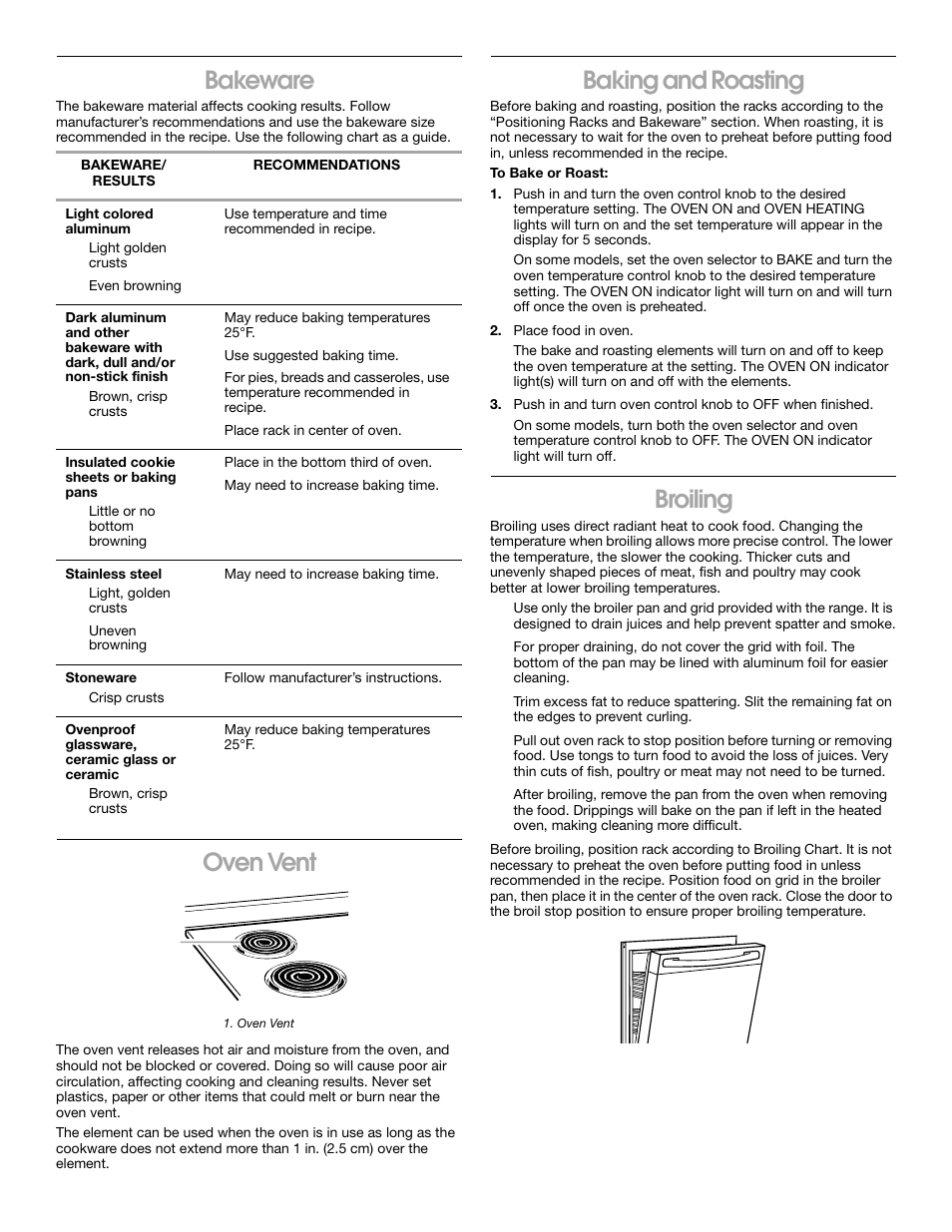 Bakeware, Oven vent, Baking and roasting | Broiling | Whirlpool FEP320K User Manual | Page 11 / 16
