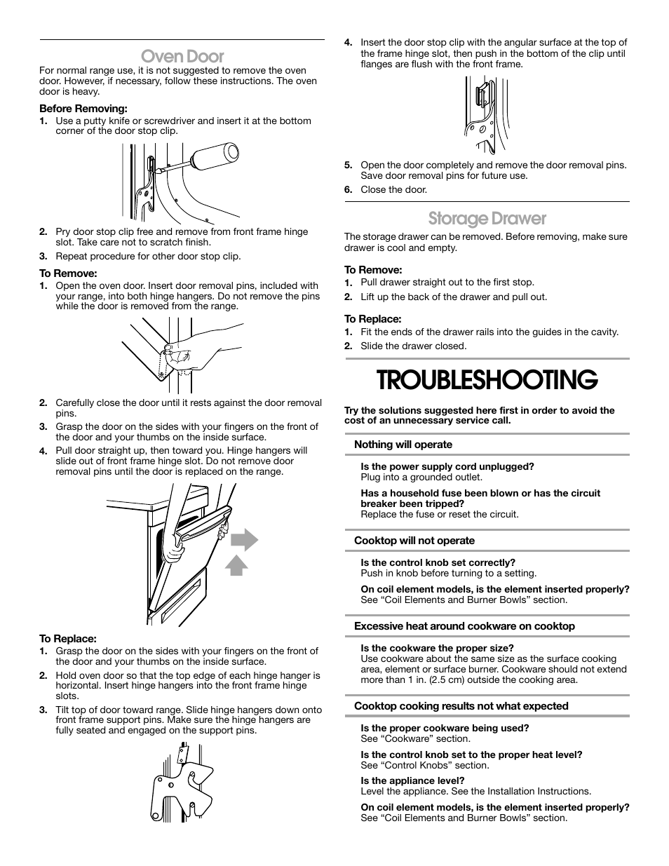 Troubleshooting, Oven door, Storage drawer | Whirlpool FEP320K User Manual | Page 14 / 16