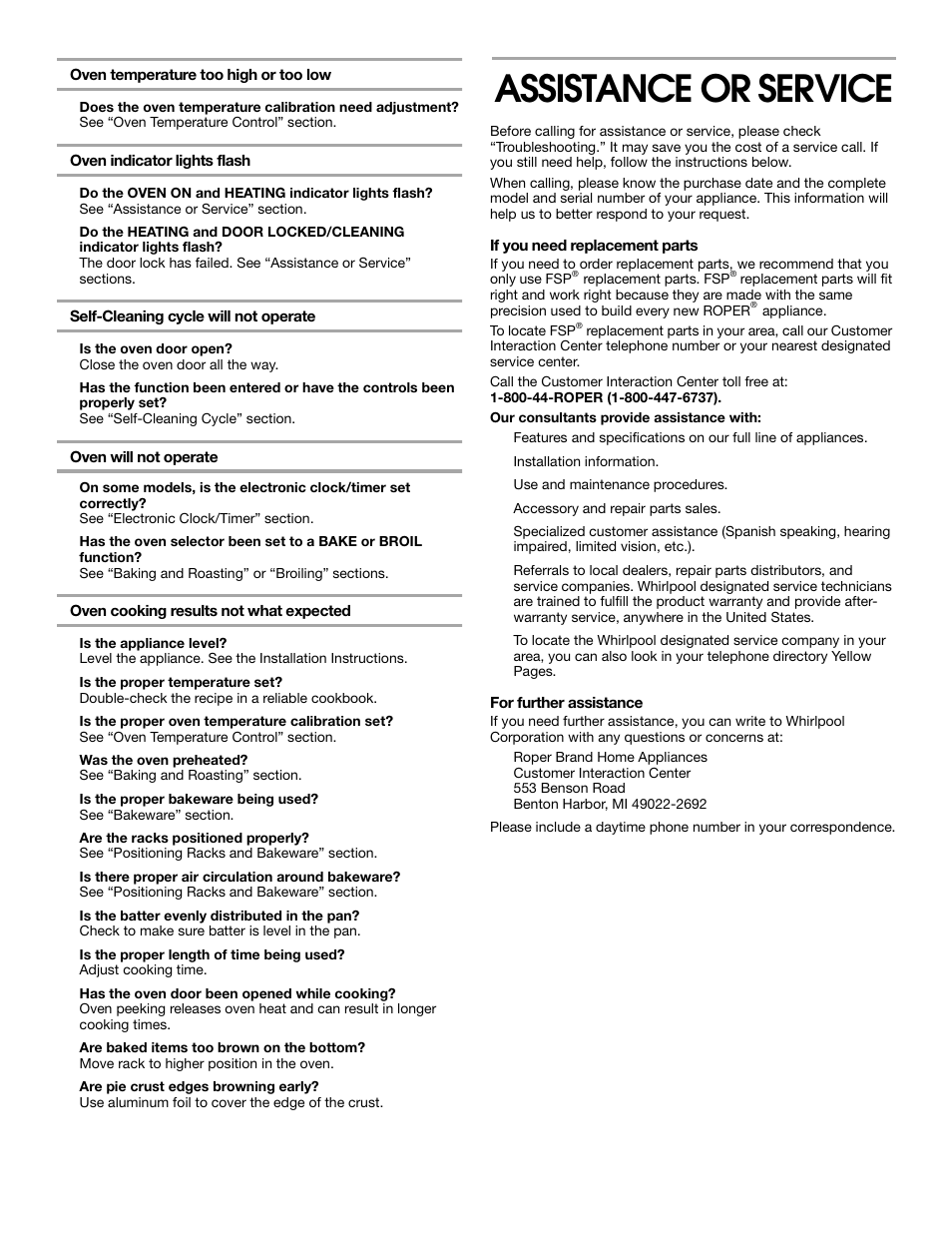 Assistance or service | Whirlpool FEP320K User Manual | Page 15 / 16