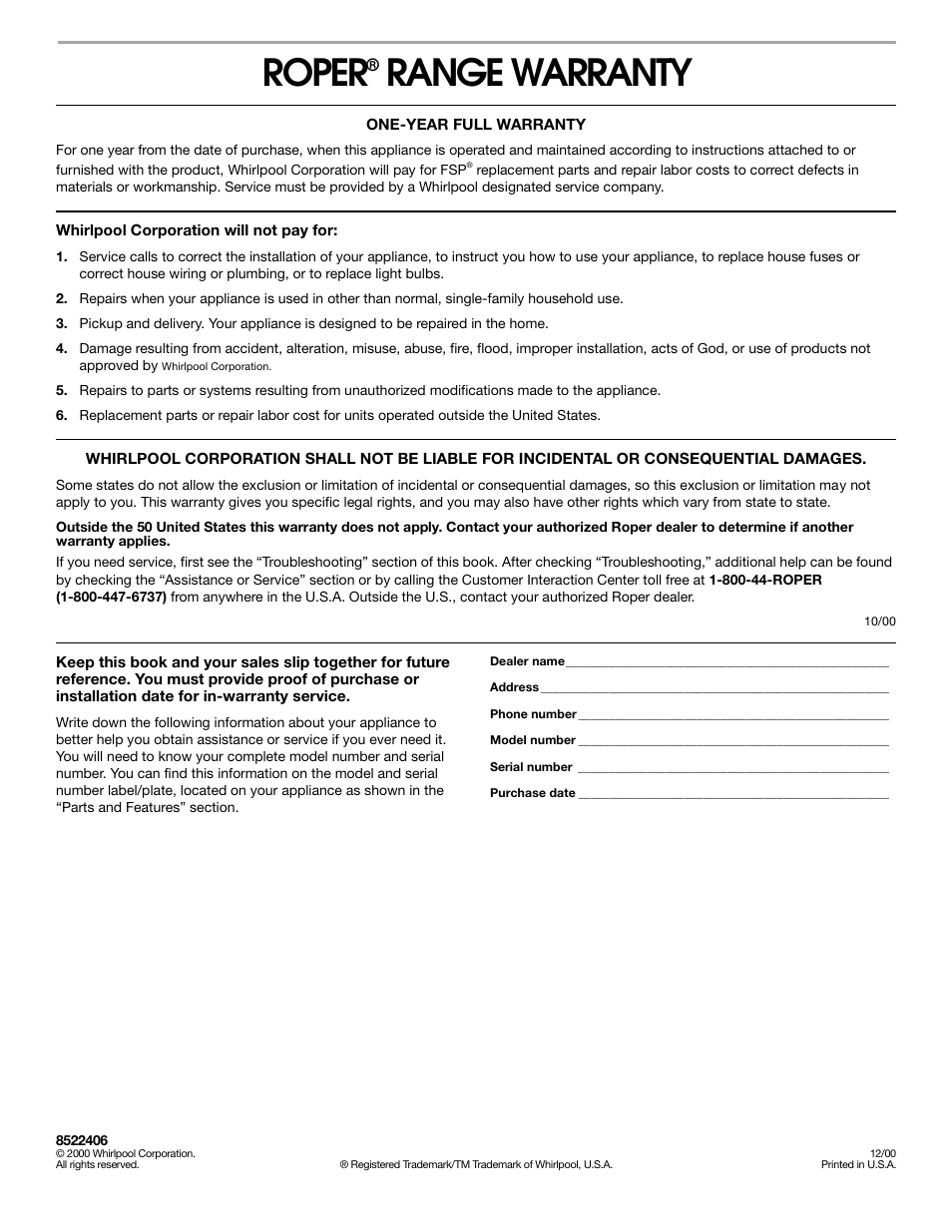 Warranty, Roper, Range warranty | Whirlpool FEP320K User Manual | Page 16 / 16