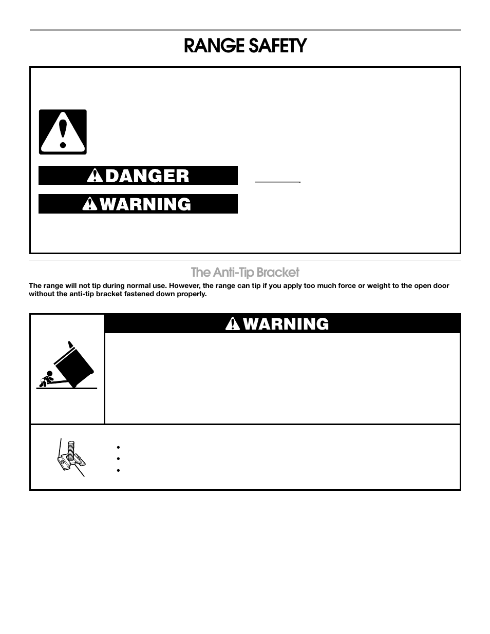 Safety, Range safety, Warning | The anti-tip bracket | Whirlpool FEP320K User Manual | Page 3 / 16