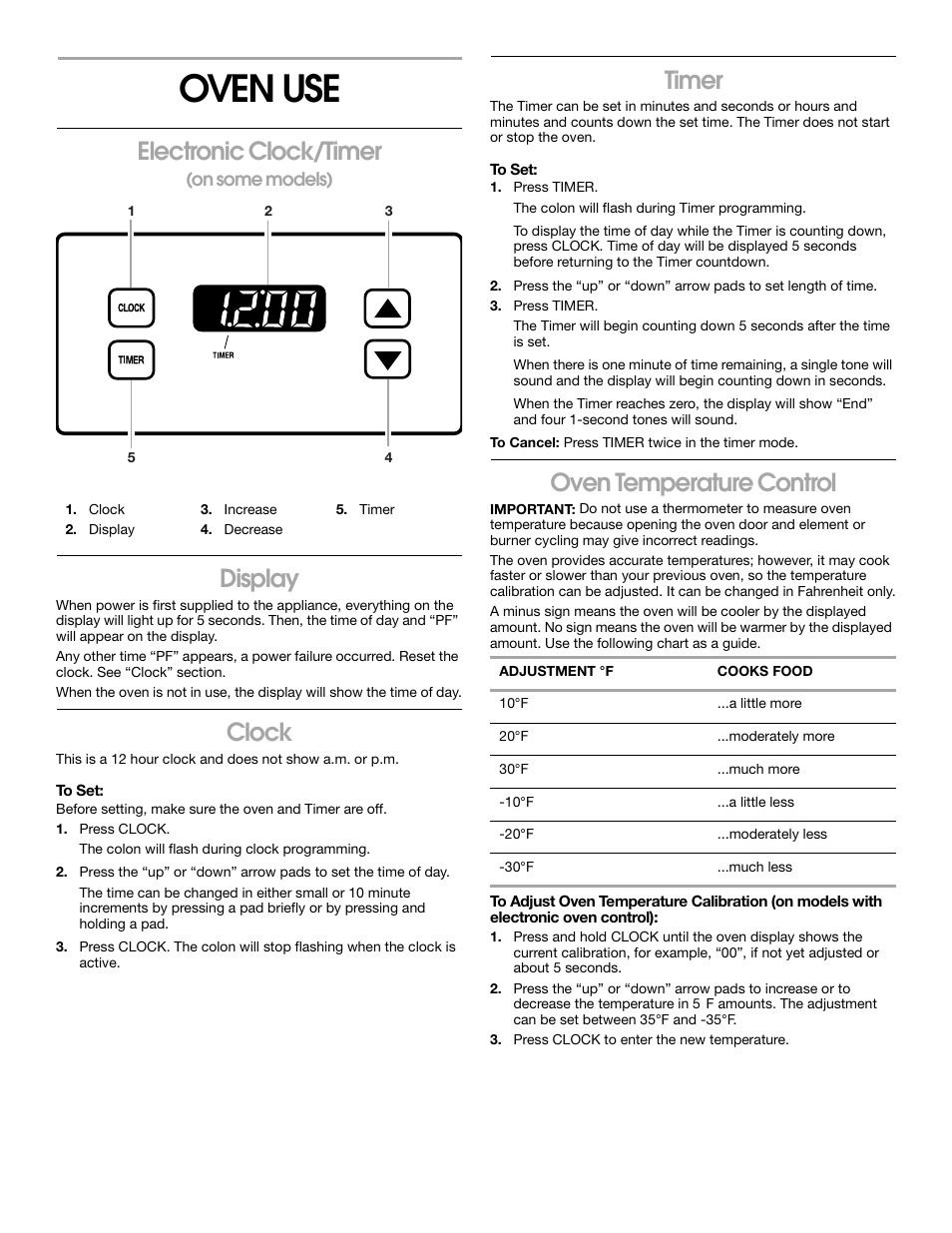 Oven use, Electronic clock/timer, Display | Clock, Timer, Oven temperature control | Whirlpool FEP320K User Manual | Page 9 / 16
