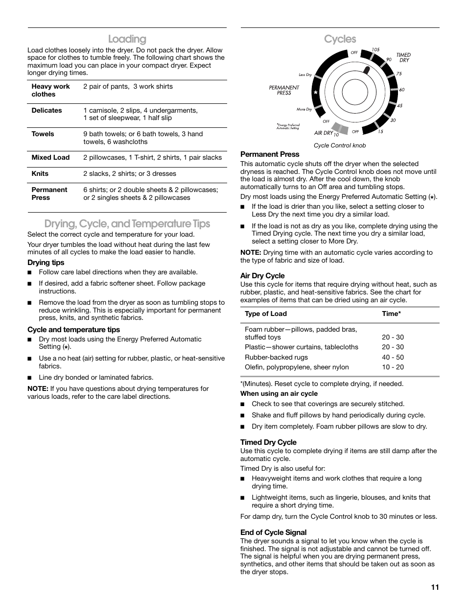 Loading, Drying, cycle, and temperature tips, Cycles | Whirlpool Conservator CEDC392JQ0 User Manual | Page 11 / 16