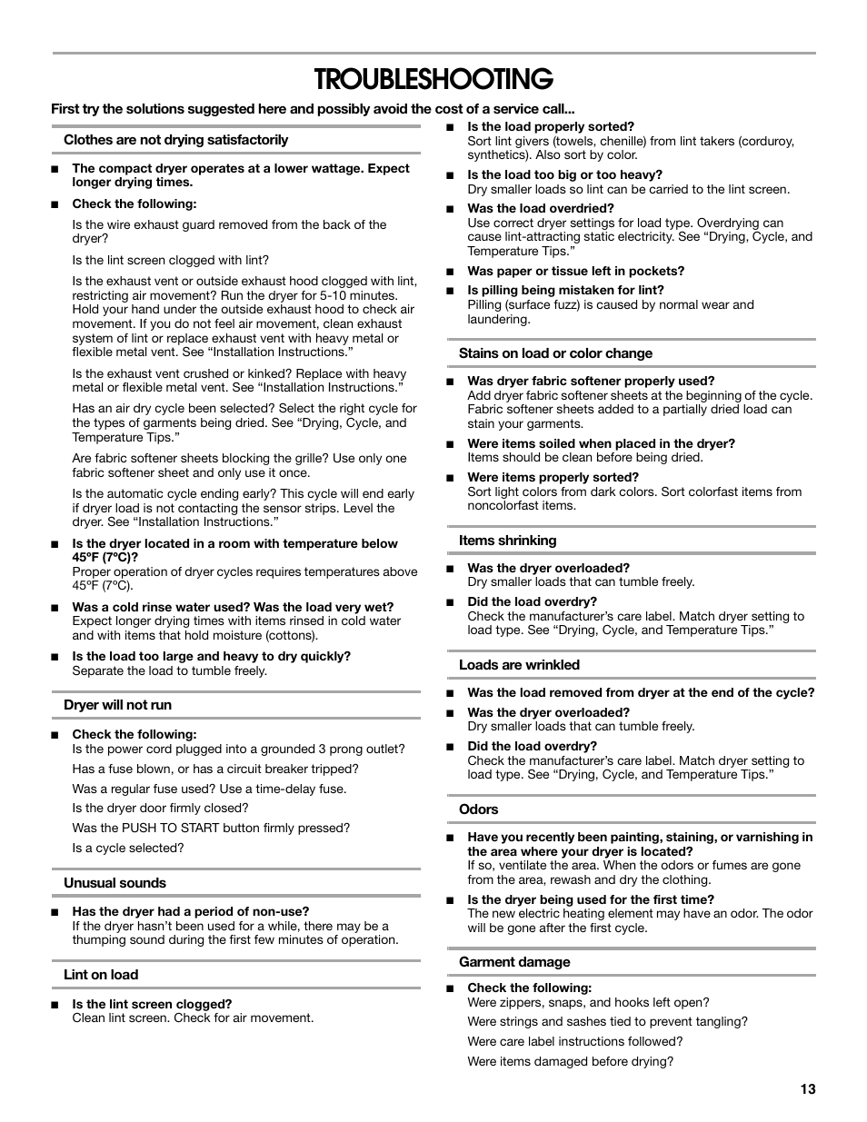 Troubleshooting | Whirlpool Conservator CEDC392JQ0 User Manual | Page 13 / 16