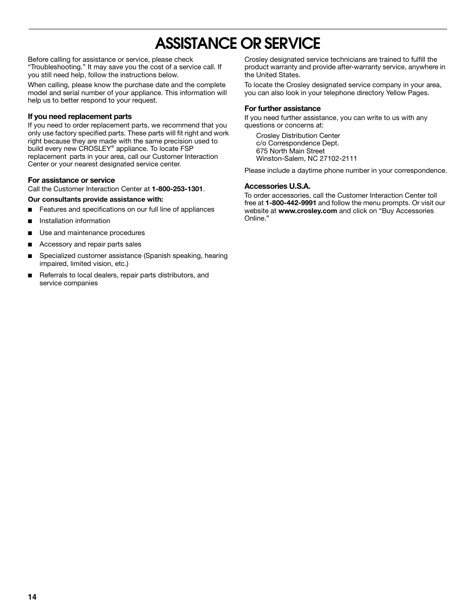 Assistance or service | Whirlpool Conservator CEDC392JQ0 User Manual | Page 14 / 16