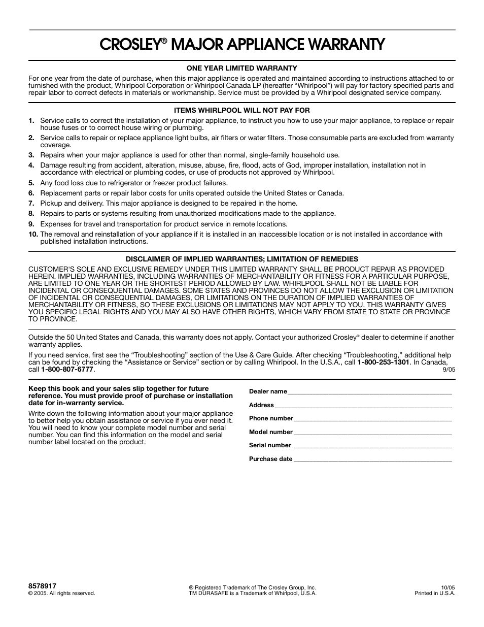 Crosley, Major appliance warranty | Whirlpool Conservator CEDC392JQ0 User Manual | Page 16 / 16