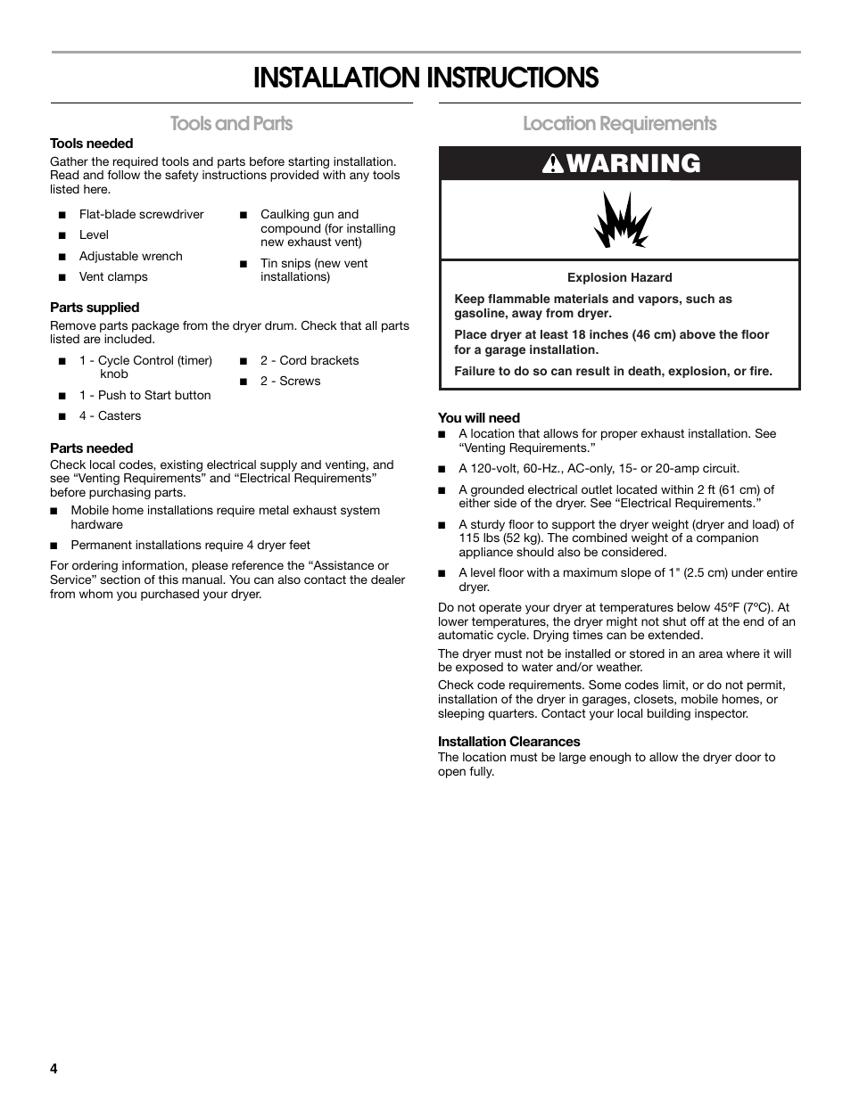 Installation instructions, Warning, Tools and parts | Location requirements | Whirlpool Conservator CEDC392JQ0 User Manual | Page 4 / 16