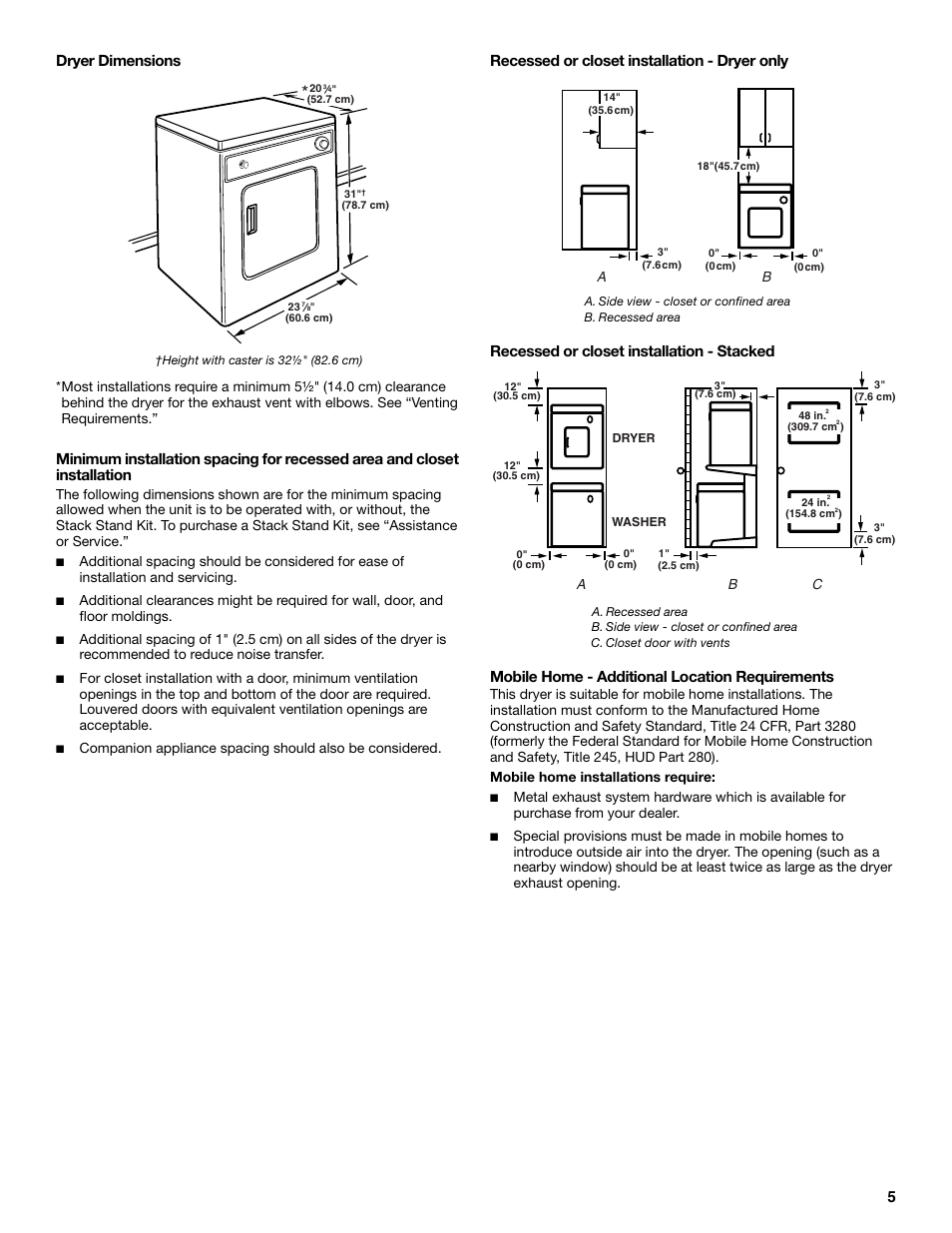 5dryer dimensions | Whirlpool Conservator CEDC392JQ0 User Manual | Page 5 / 16