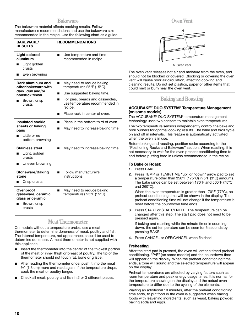 Bakeware, Meat thermometer, Oven vent | Baking and roasting | Whirlpool 9762363A User Manual | Page 10 / 20