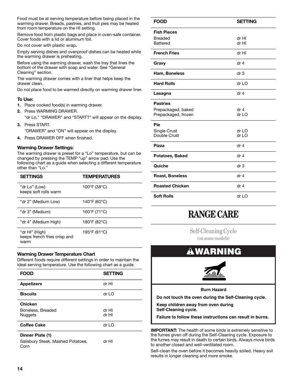 Range care, Warning, Self-cleaning cycle | Whirlpool 9762363A User Manual | Page 14 / 20