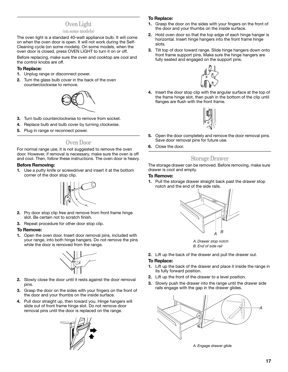 Oven light, Oven door, Storage drawer | Whirlpool 9762363A User Manual | Page 17 / 20