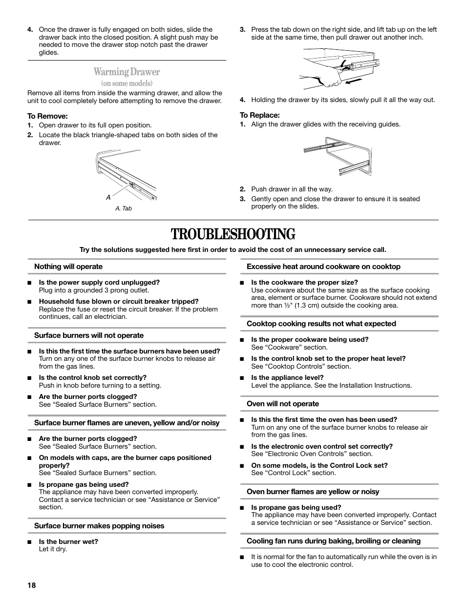 Troubleshooting, Warming drawer, On some models) | Whirlpool 9762363A User Manual | Page 18 / 20