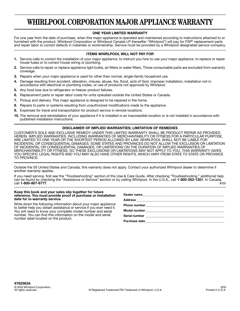 Whirlpool corporation major appliance warranty | Whirlpool 9762363A User Manual | Page 20 / 20