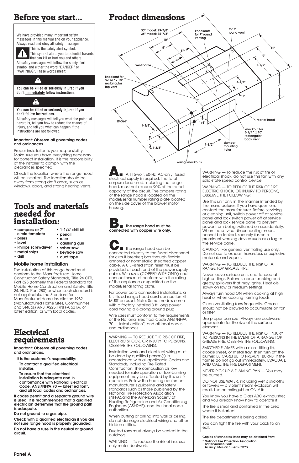 Before you start, Product dimensions, Electrical requirements | Tools and materials needed for installation, Danger warning | Whirlpool RH4900 SERIES User Manual | Page 2 / 7