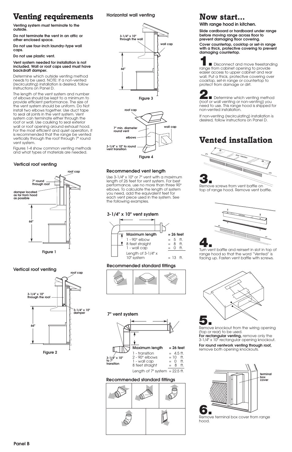 Venting requirements, Now start, Vented installation | Vented installation now start | Whirlpool RH4900 SERIES User Manual | Page 3 / 7