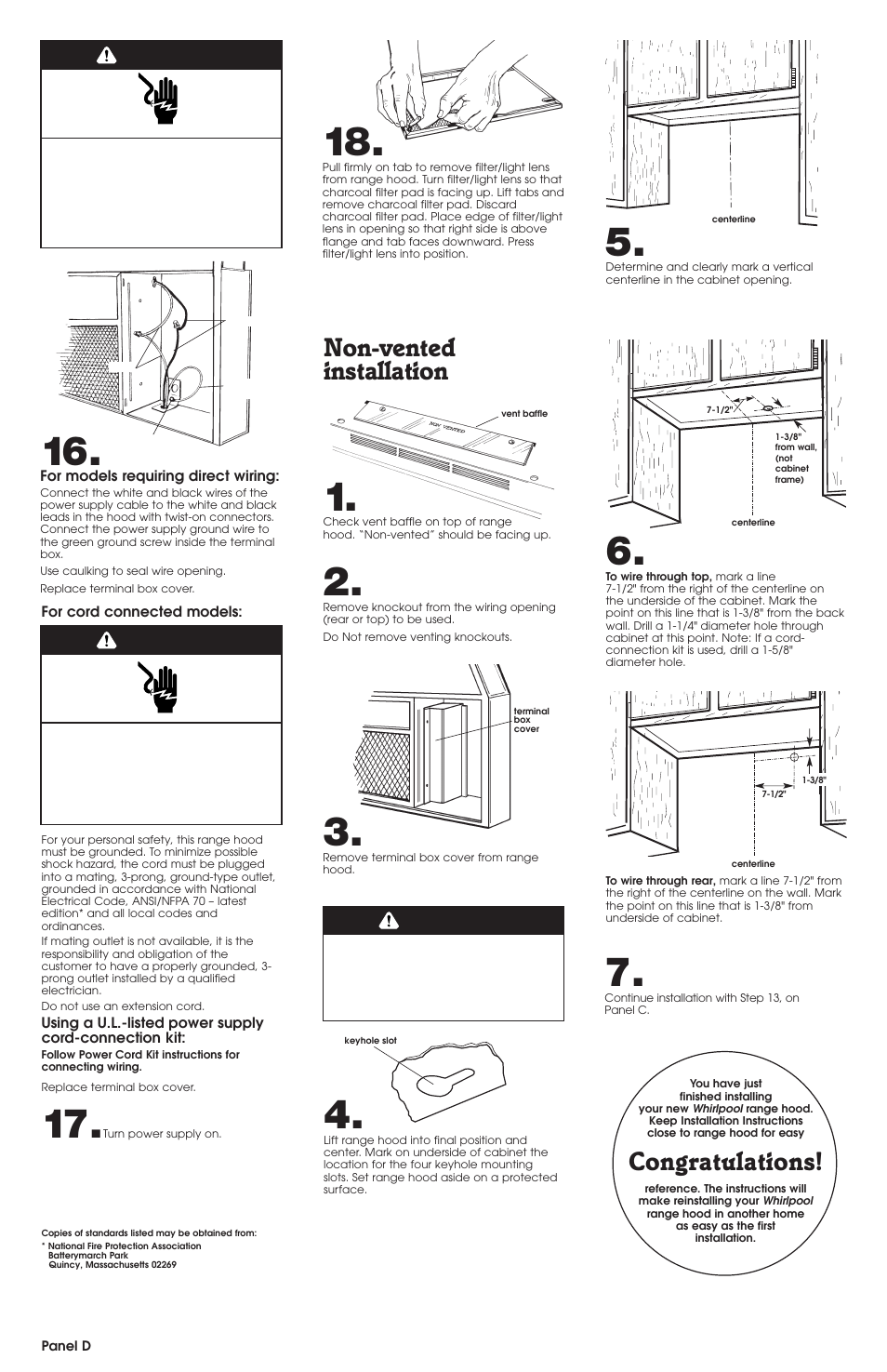 Non-vented installation, Warning | Whirlpool RH4900 SERIES User Manual | Page 5 / 7