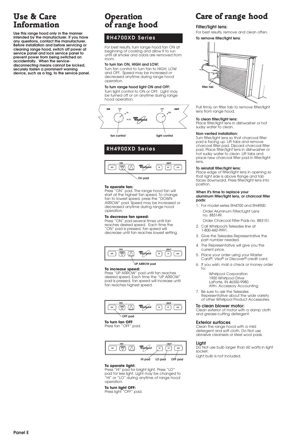 Use & care, Operation of range hood, Care of range hood | Use & care information | Whirlpool RH4900 SERIES User Manual | Page 6 / 7