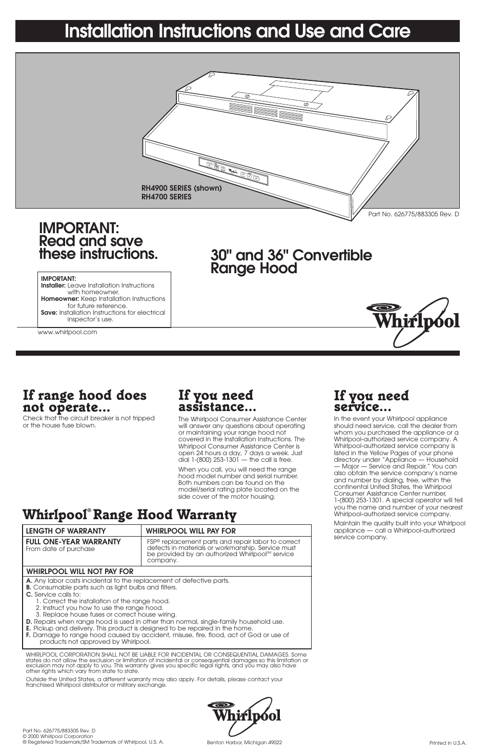 If range hood does not operate, If assistance, If you need service | Warranty, Installation instructions and use and care, Important: read and save these instructions, 30" and 36" convertible range hood, Whirlpool, Range hood warranty, If you need assistance | Whirlpool RH4900 SERIES User Manual | Page 7 / 7