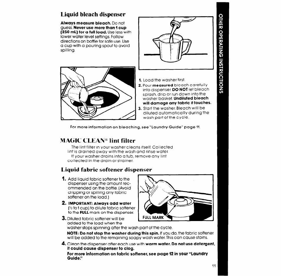 Liquid bleach dispenser, Magic clean® lint filter, Liquid fabric softener dispenser | Whirlpool LA7680XP User Manual | Page 11 / 16
