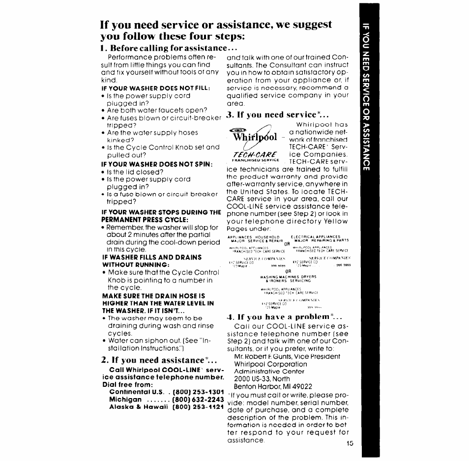 Before calling for as§istance, If you need service, If you have a problem | Whirlpool LA7680XP User Manual | Page 15 / 16