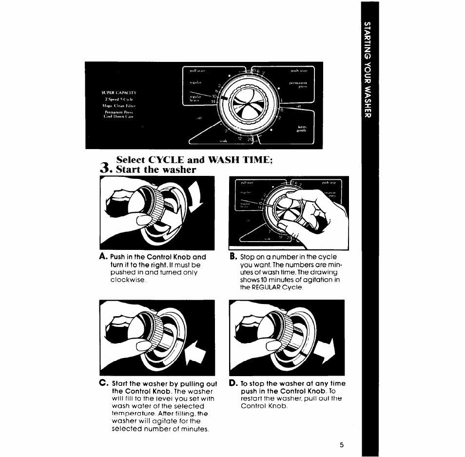 Select cycle and wash time, Start the washer | Whirlpool LA7680XP User Manual | Page 5 / 16