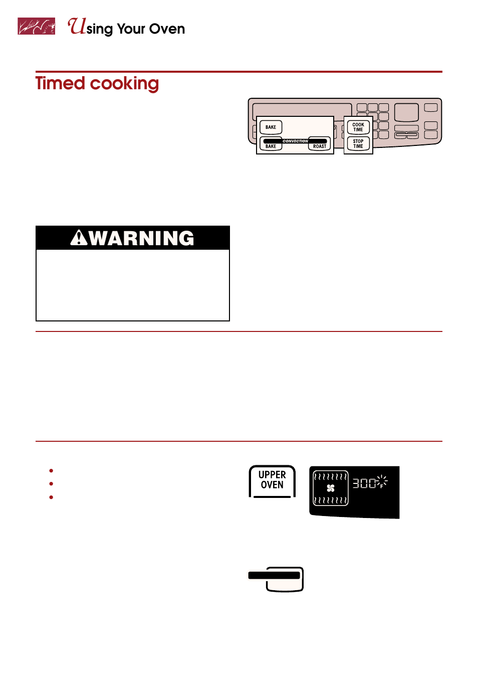 Timed cooking, Wwarning, Sing your oven | Whirlpool KEBS247D User Manual | Page 36 / 58