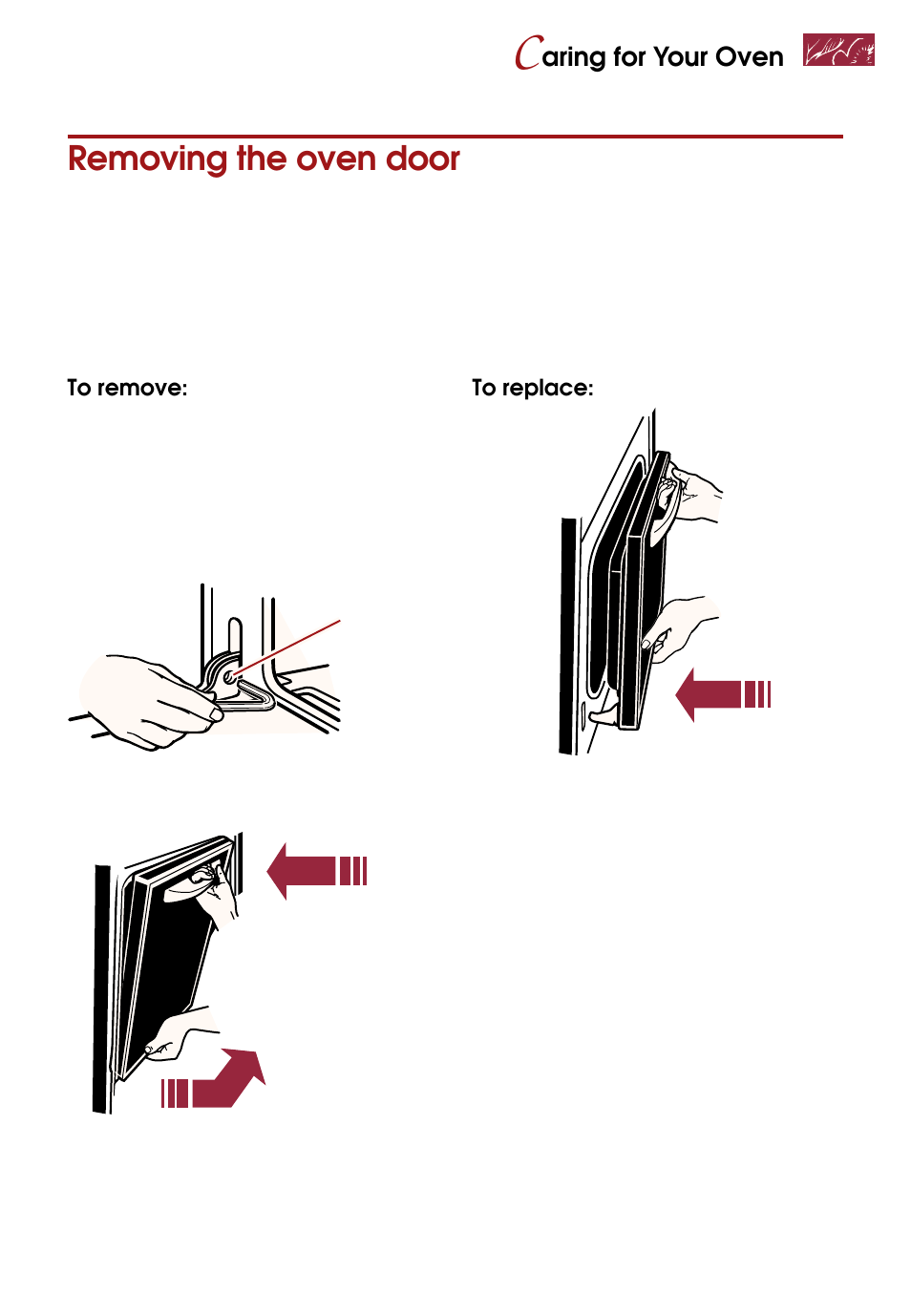 Removing the oven door, Aring for your oven | Whirlpool KEBS247D User Manual | Page 45 / 58