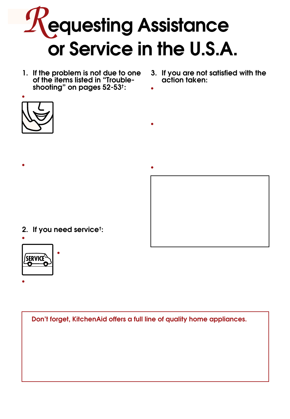 R equesting assistance or service in the u.s.a, Equesting assistance or service in the u.s.a | Whirlpool KEBS247D User Manual | Page 54 / 58