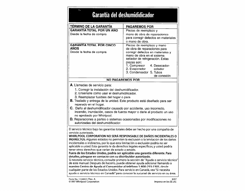 Garantía del deshumididicador | Whirlpool DH25G0 User Manual | Page 12 / 12