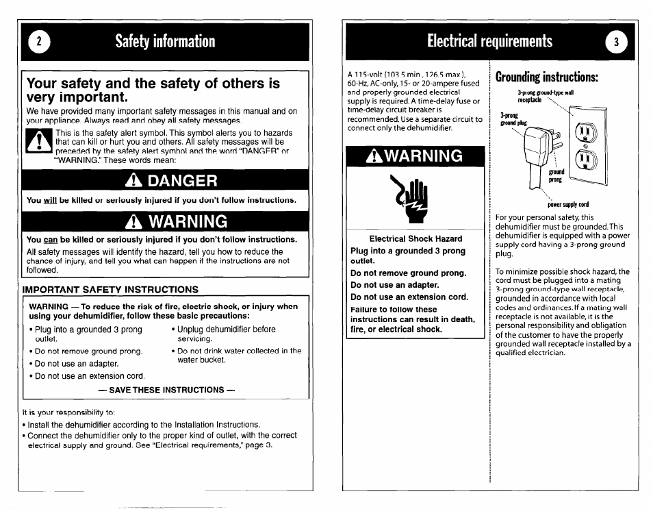 Safety information, Mportant safety instructions, Save these instructions | Electrical requirements, Danger, Warning, Awarning | Whirlpool DH25G0 User Manual | Page 2 / 12