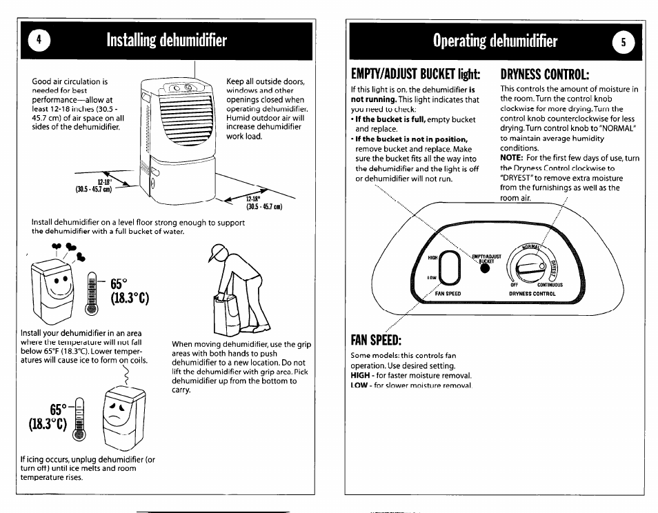 Installing dehumidtfier, 3°c), 65°- (18.3°c) | Operating dehumidifier, Empiy/adjust bucket light dryness control | Whirlpool DH25G0 User Manual | Page 3 / 12