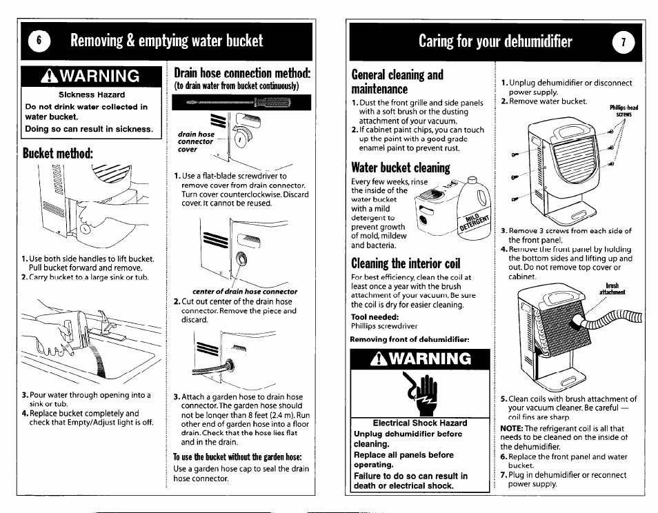 Removing & emptying water bucket, Awarning, Sickness hazard | Bucket method, Drain hose connection method, Caring for your dehumidifier, General cleaning and maintenance, Water bucket cleaning, Cleaning the interior coil, Tool needed | Whirlpool DH25G0 User Manual | Page 4 / 12